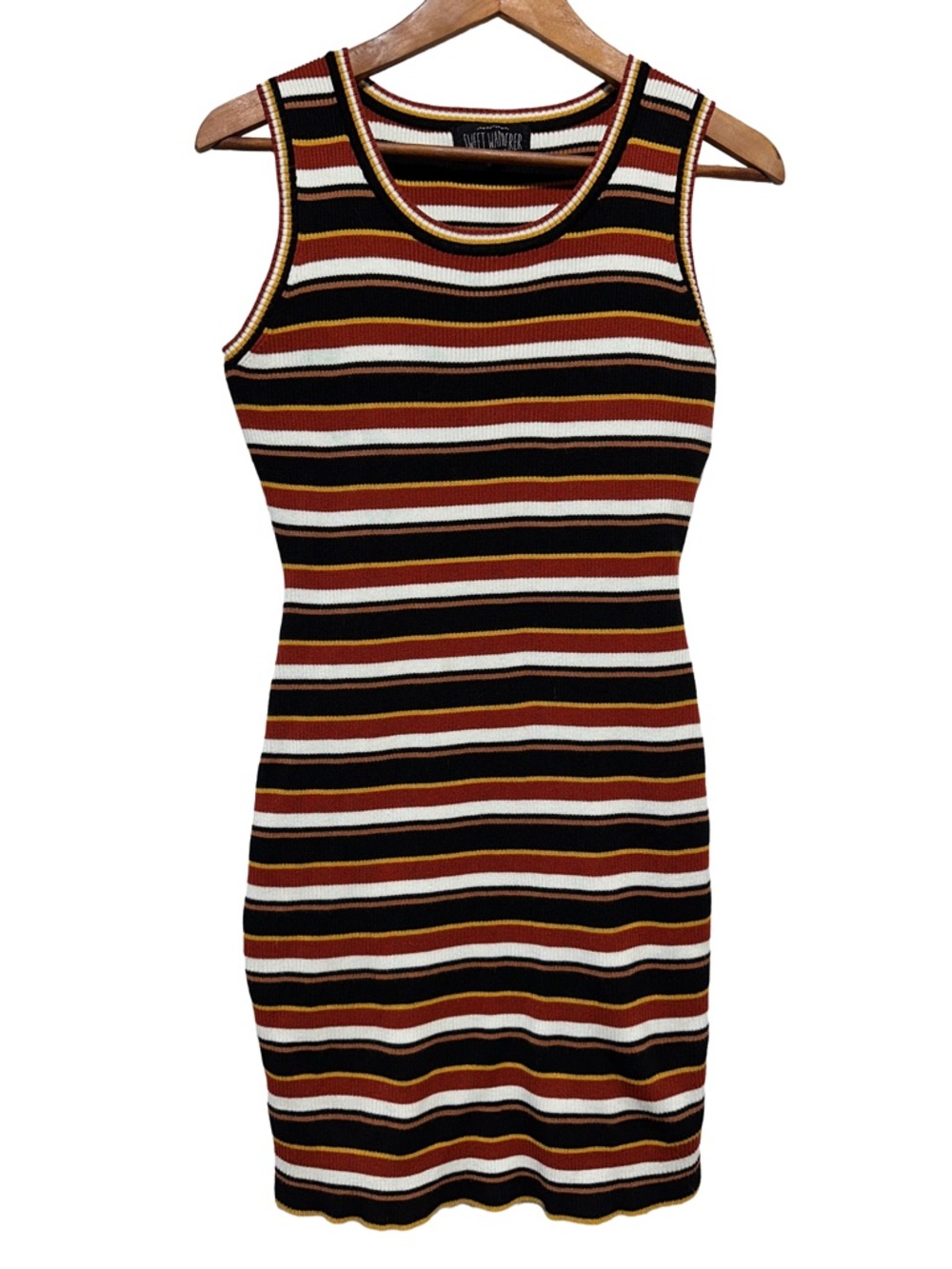 SWEET WANDERER Striped Rib Knit Bodycon Mini Tank Dress Retro 70s M - Picture 2 of 6